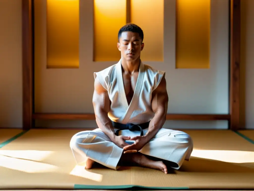 Un maestro de artes marciales medita en calma en un dojo, rodeado de luz dorada