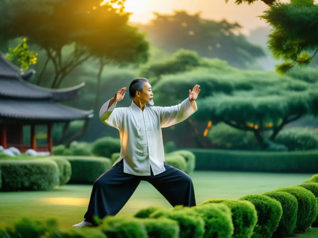 Maestro de artes marciales practicando Tai Chi en un jardín neblinoso al amanecer, transmitiendo serenidad y beneficios del ayuno intermitente