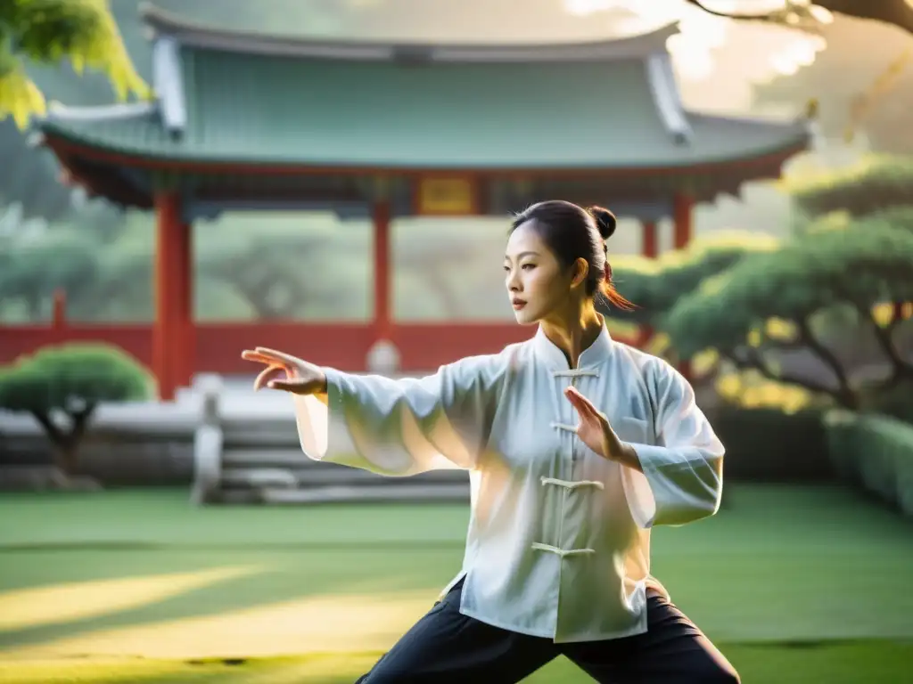 Un maestro de artes marciales realiza Tai Chi al amanecer en un jardín tranquilo, irradiando fuerza interior y equilibrio