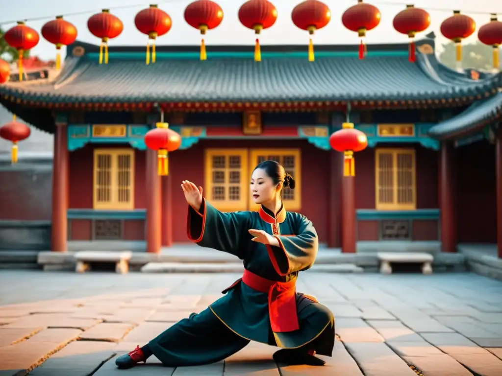 Maestro de artes marciales practicando Tai Chi en un patio tranquilo al amanecer, rodeado de una atmósfera serena y mística