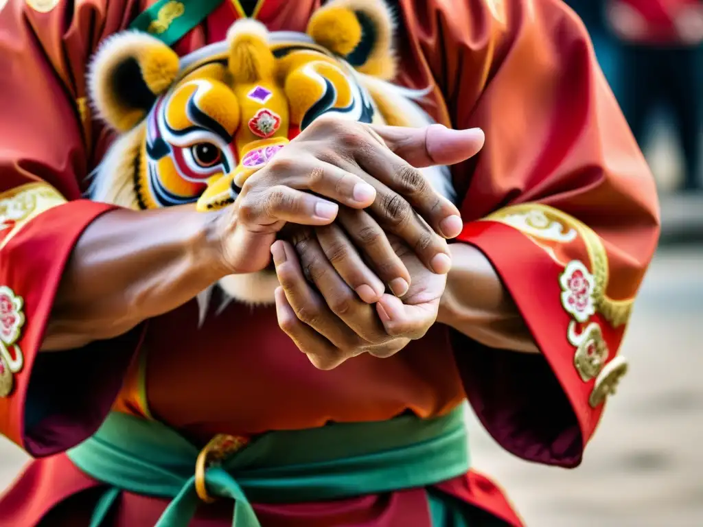 Un maestro de artes marciales chinas muestra con gracia y precisión un movimiento de danza de león, destacando la tradición y dedicación