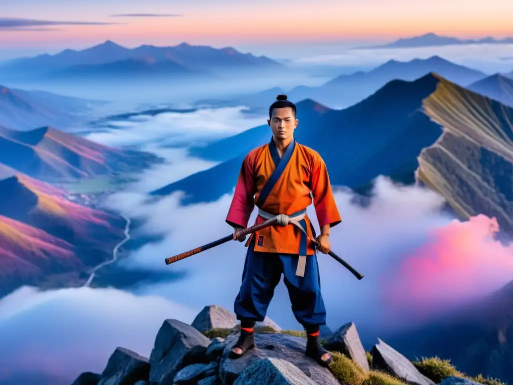 Un maestro de artes marciales en la cima de una montaña al amanecer, con un gi tradicional y un bastón de madera