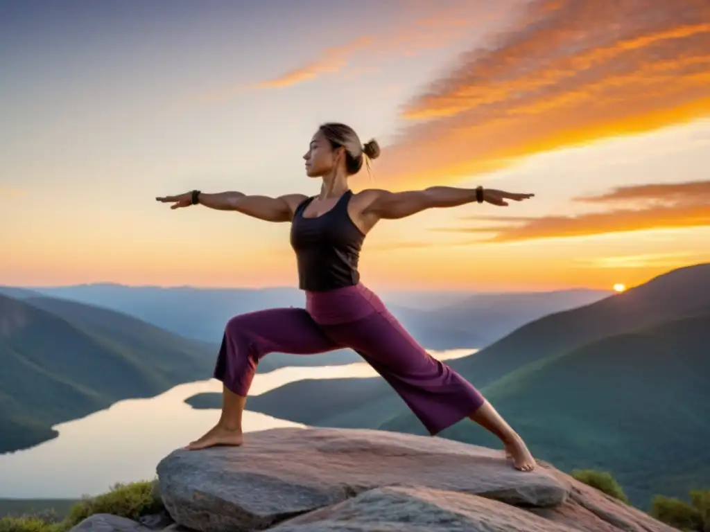 Maestro de artes marciales practica yoga en la cima al amanecer, fusionando fuerza, flexibilidad y paz interior