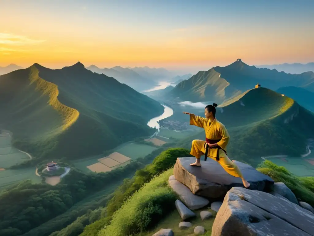 Maestro de artes marciales practica tai chi al amanecer en la cima de una montaña neblinosa, evocando la estrategia marcial de Sun Tzu