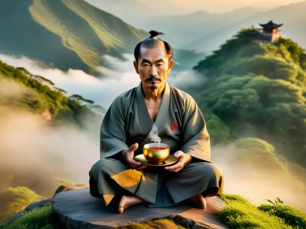 Un maestro de artes marciales en la cima de una montaña, disfrutando de la nutrición para la meditación marcial con una taza de té herbal