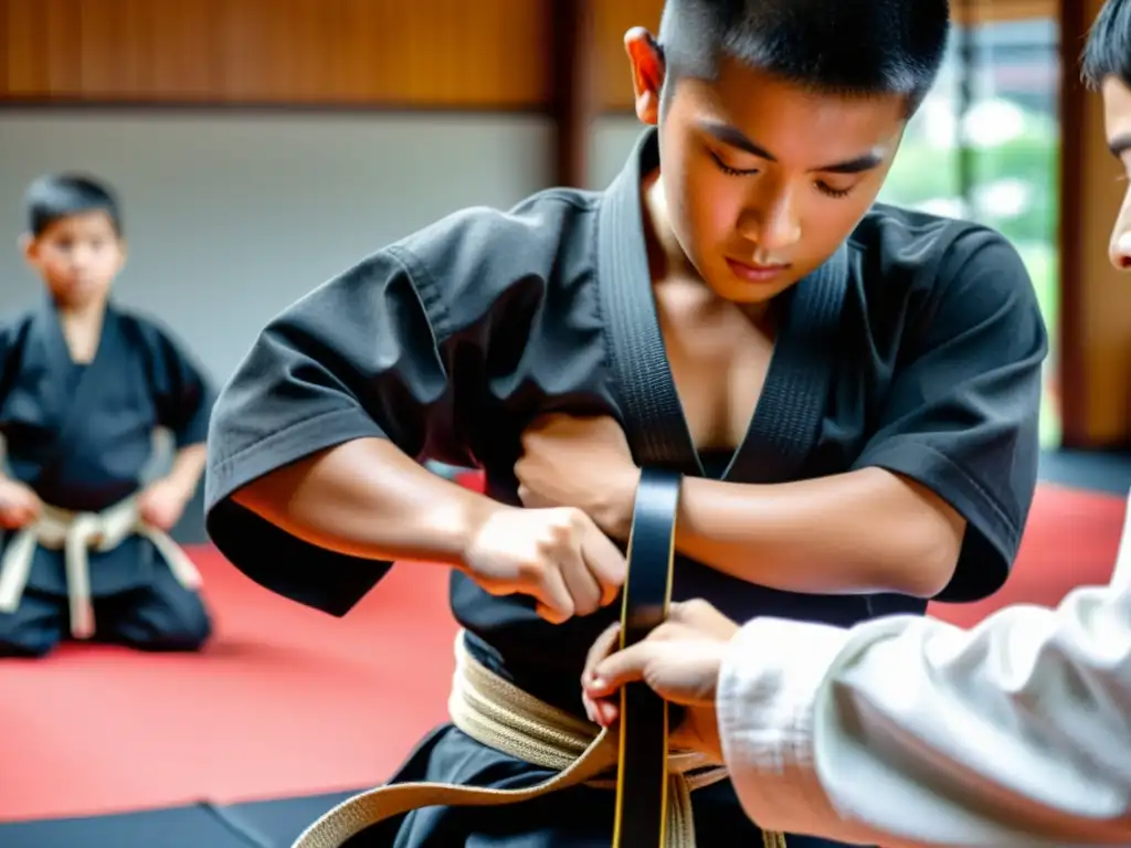 Un maestro de artes marciales ata un cinturón negro a un estudiante, reflejando el significado profundo de los cinturones en las artes marciales