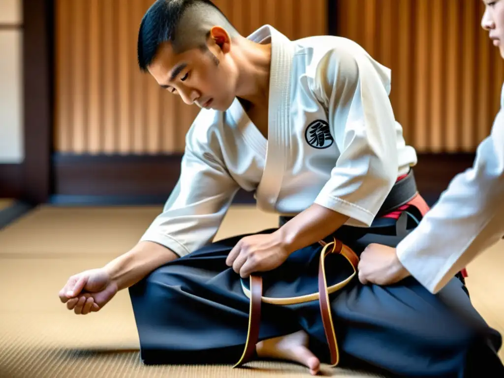 Un maestro de artes marciales ata un cinturón blanco a su estudiante con determinación, reflejando respeto y disciplina