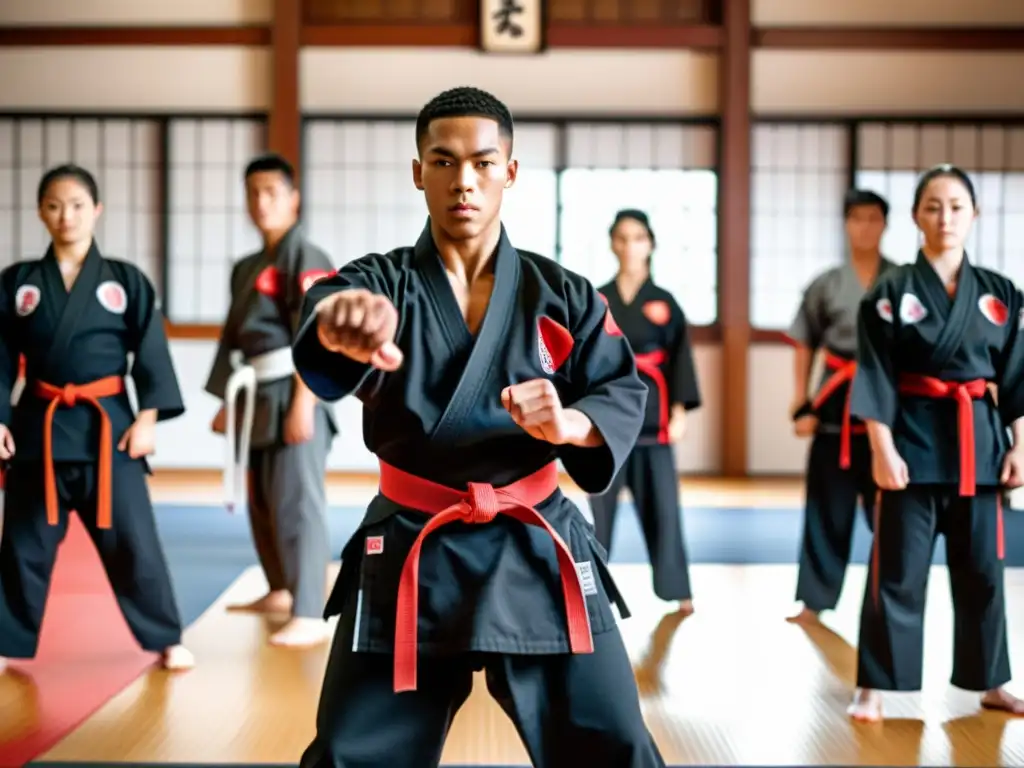 Un maestro de artes marciales con cinturón rojo guía a estudiantes en un dojo tradicional