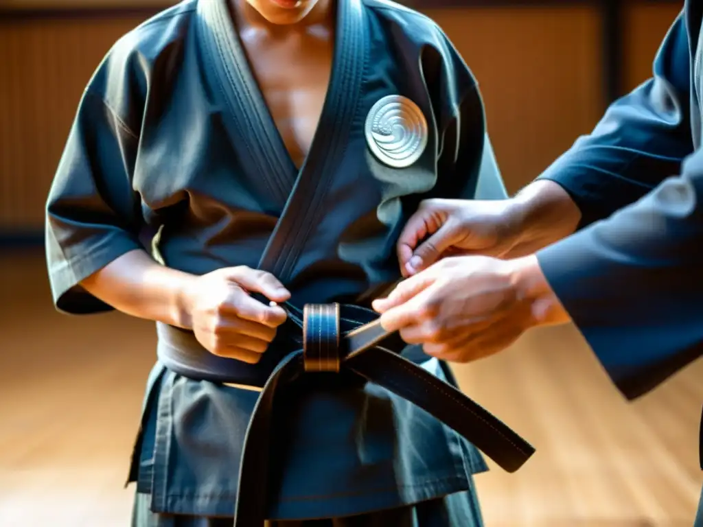 Un maestro de artes marciales ata un cinturón negro a su estudiante en un dojo tradicional, transmitiendo determinación y respeto