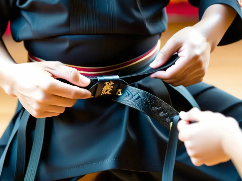 Un maestro de artes marciales ata un cinturón negro a su joven estudiante, mostrando un profundo respeto y tradición en el significado de los cinturones en las artes marciales