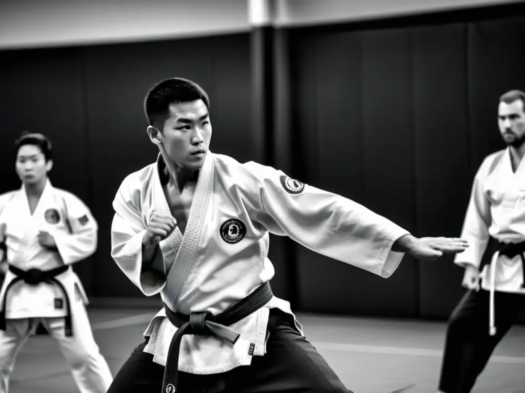 Un maestro de artes marciales dirige una clase de entrenamiento funcional en blanco y negro, mostrando precisión y energía