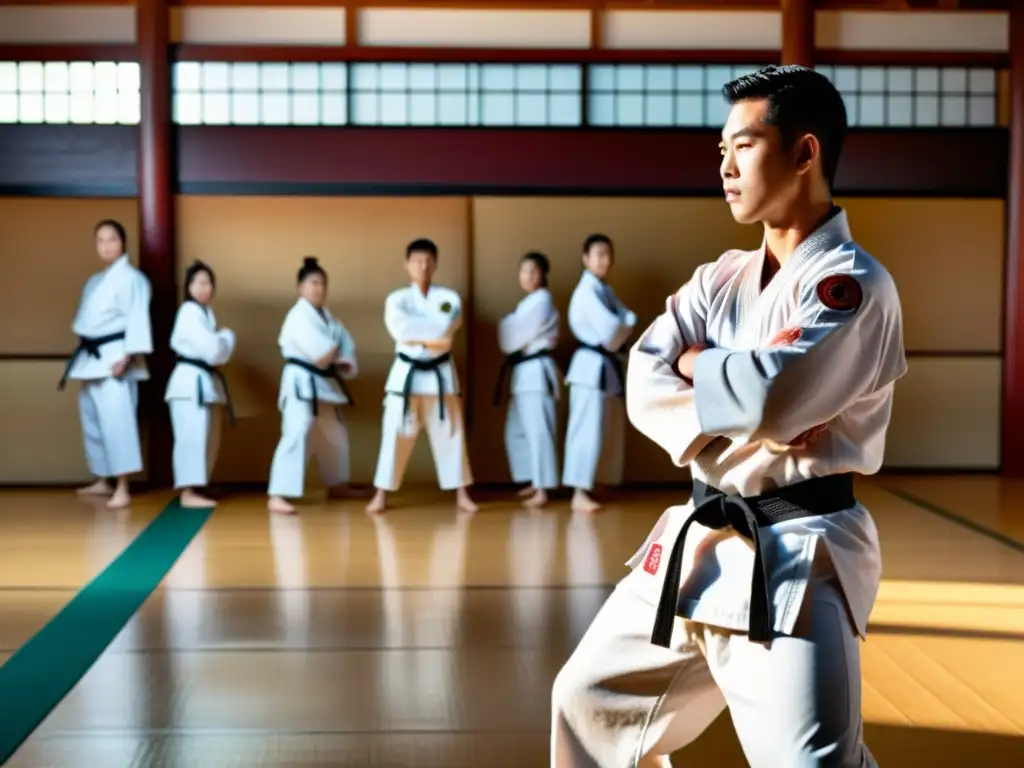 Un maestro de artes marciales dirige una clase en un dojo bañado por la luz del sol