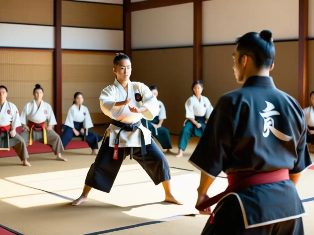 Un maestro de artes marciales da una clase en un dojo soleado, mientras los estudiantes practican