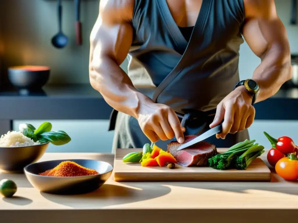 Un maestro de artes marciales prepara con maestría una comida tradicional, mostrando la importancia de las dietas en las artes marciales