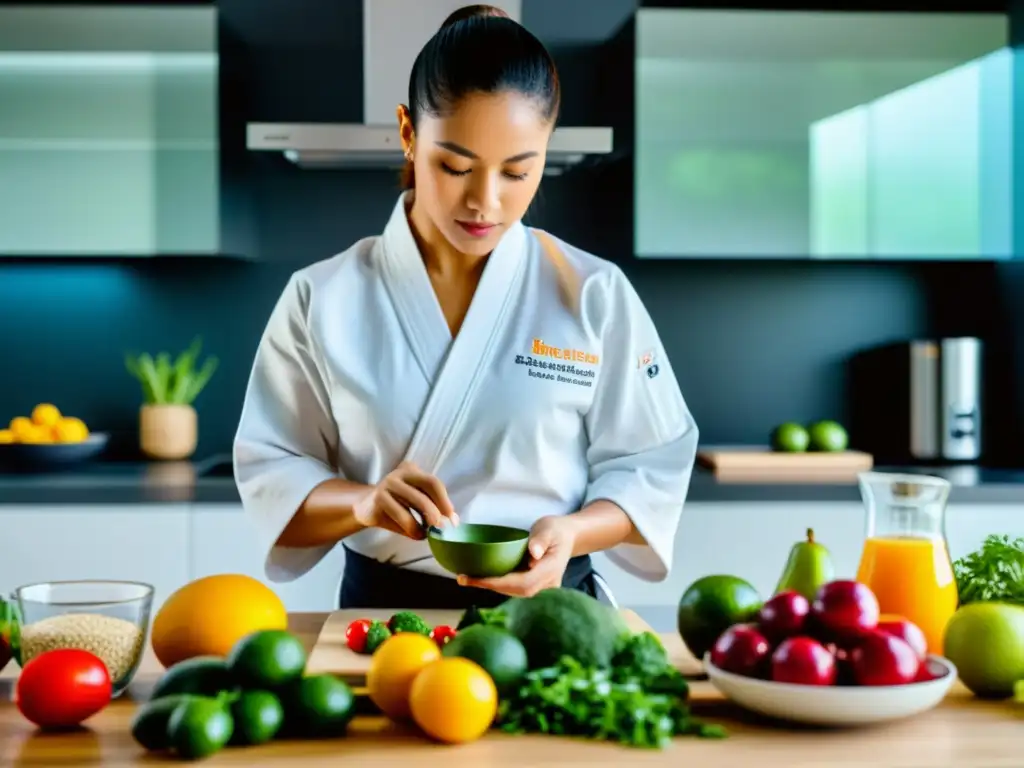 Un maestro de artes marciales prepara una comida balanceada con ingredientes frescos y coloridos en una cocina luminosa y espaciosa