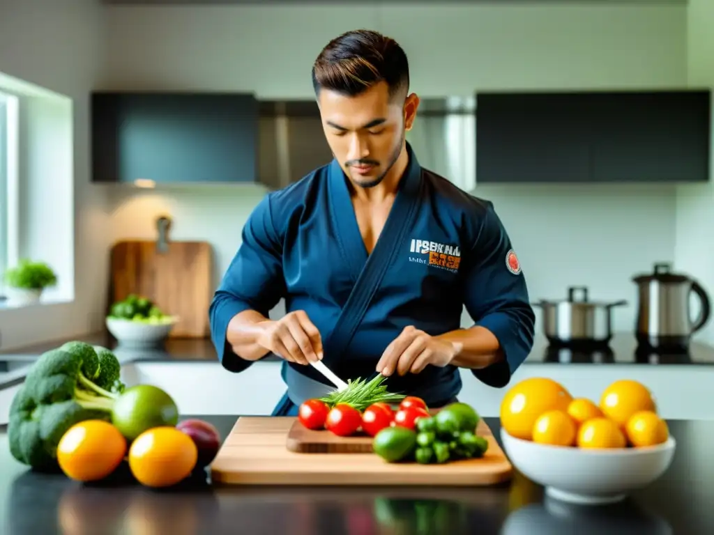 Un maestro de artes marciales prepara una comida balanceada con ingredientes frescos en una cocina espaciosa y bien iluminada, mostrando la importancia de la nutrición para artes marciales