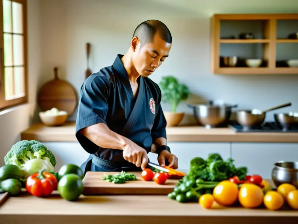 Un maestro de artes marciales prepara cuidadosamente una comida equilibrada en una cocina tradicional, mostrando la importancia de la nutrición en el estilo de vida de las artes marciales