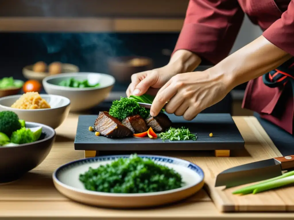 Un maestro de artes marciales prepara una comida equilibrada en una cocina japonesa tradicional, con precisión y concentración