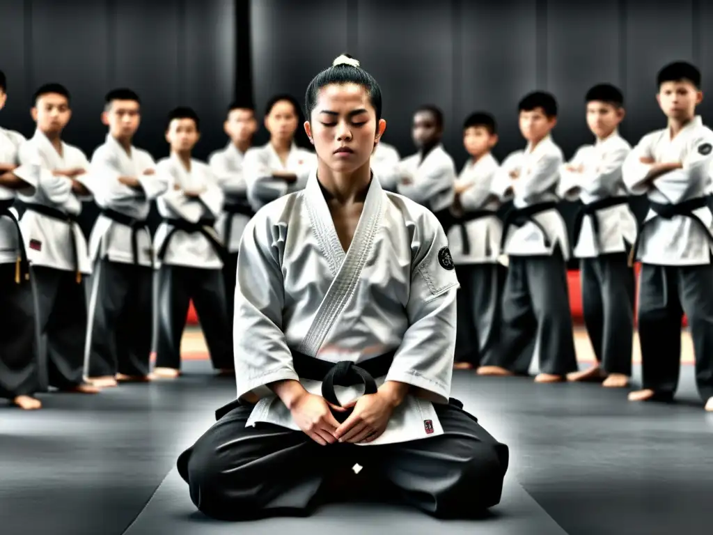 Un maestro de artes marciales concentrado rodeado de estudiantes en reverencia, capturando la disciplina y fuerza mental del entrenamiento