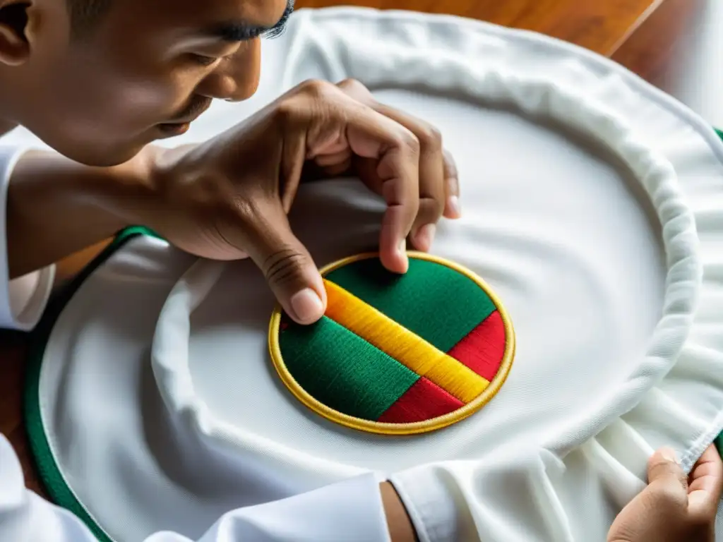 Un maestro de artes marciales cosiendo con cuidado un parche tradicional en un gi blanco impecable