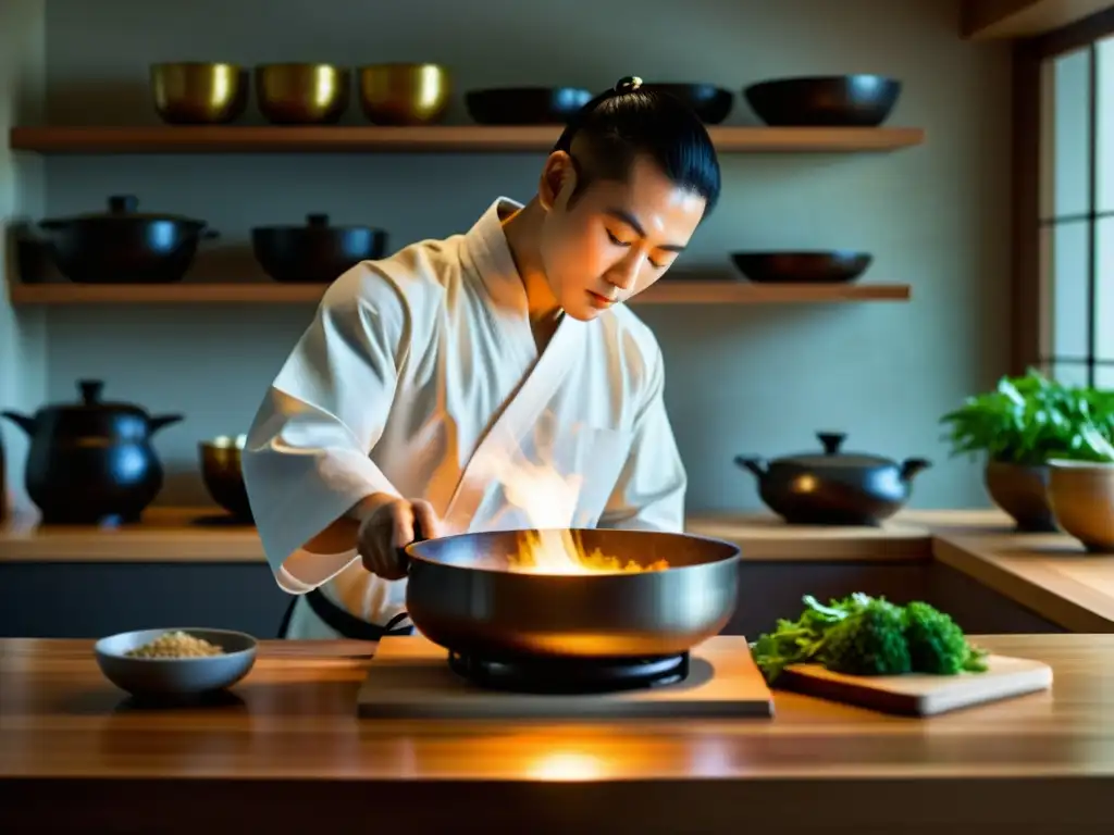 Un maestro de artes marciales prepara con cuidado una comida tradicional en una cocina serena