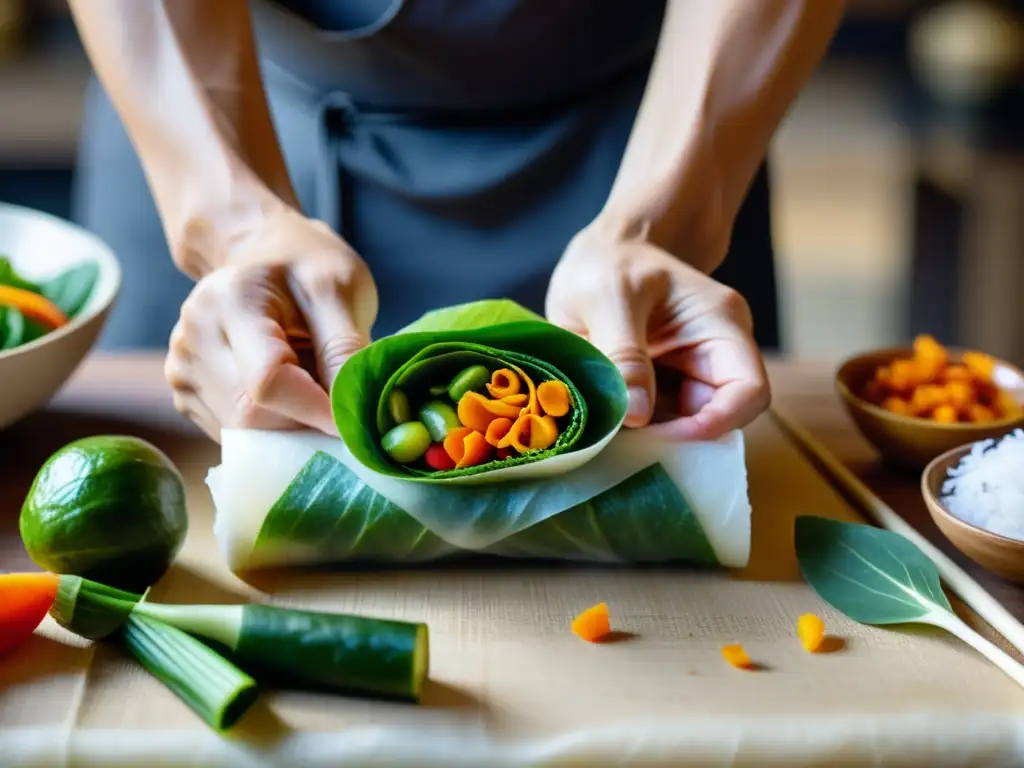 Un maestro de artes marciales envuelve con cuidado verduras frescas en rollos de papel de arroz, mostrando disciplina y dedicación a la nutrición