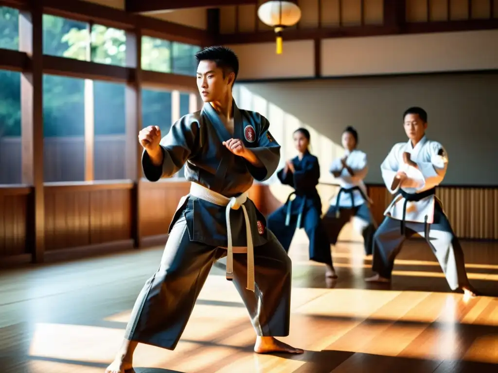 Maestro de artes marciales lidera demostración en dojo tradicional, con estudiantes enfocados