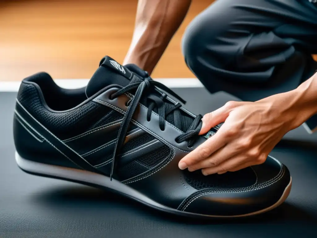 Un maestro de artes marciales ata con destreza los cordones de unas zapatillas negras de artes marciales, resaltando su funcionalidad y moda