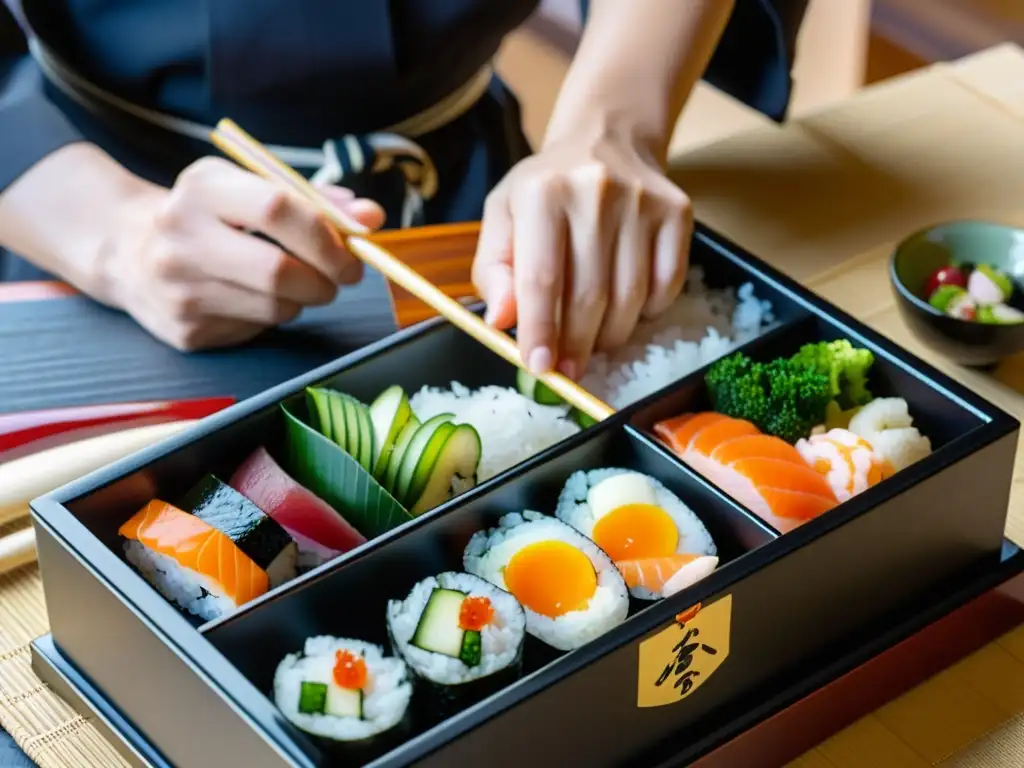 Un maestro de artes marciales prepara con destreza un bento japonés, resaltando la frescura de los ingredientes