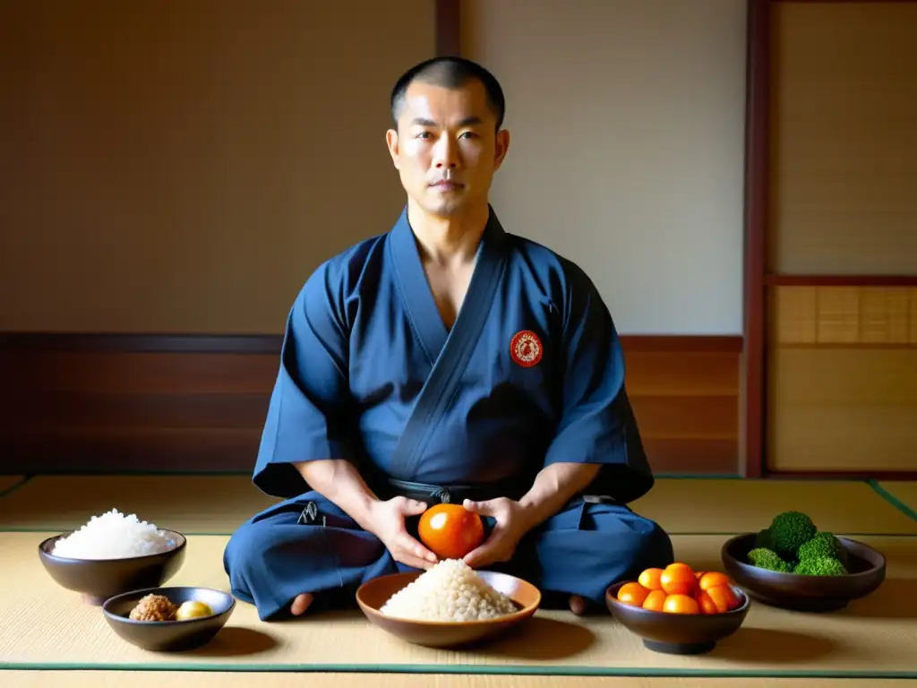 Maestro de artes marciales disfruta de dieta tradicional en dojo soleado, exudando sabiduría y reverencia