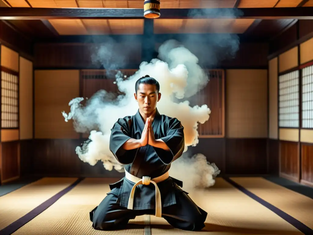 Un maestro de artes marciales en un dojo tradicional, demostrando movimientos precisos, rodeado de humo de incienso