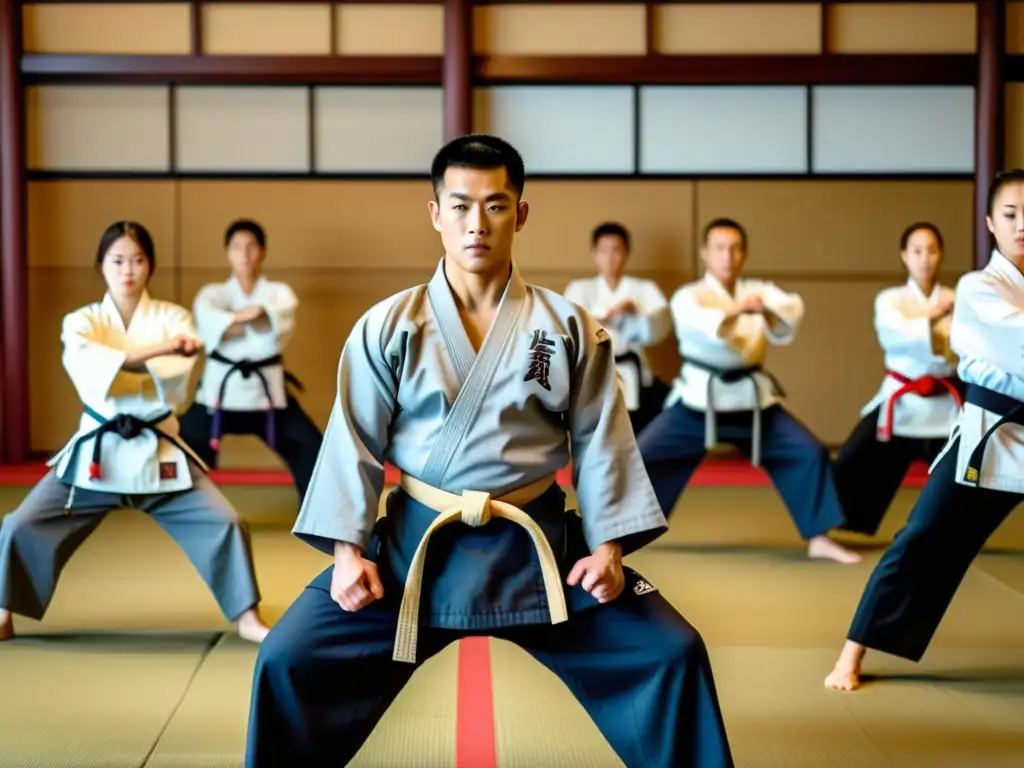 Maestro de artes marciales en un dojo tradicional, con estudiantes practicando disciplina