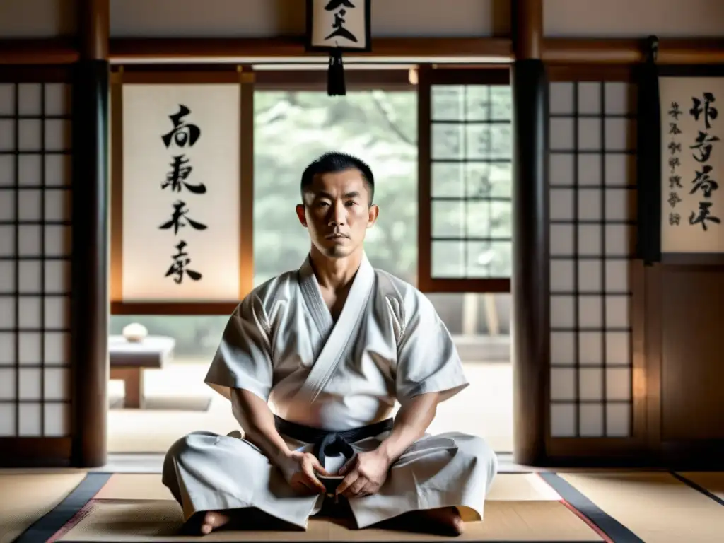 Un maestro de artes marciales en un dojo tradicional rodeado de armas antiguas y pergaminos