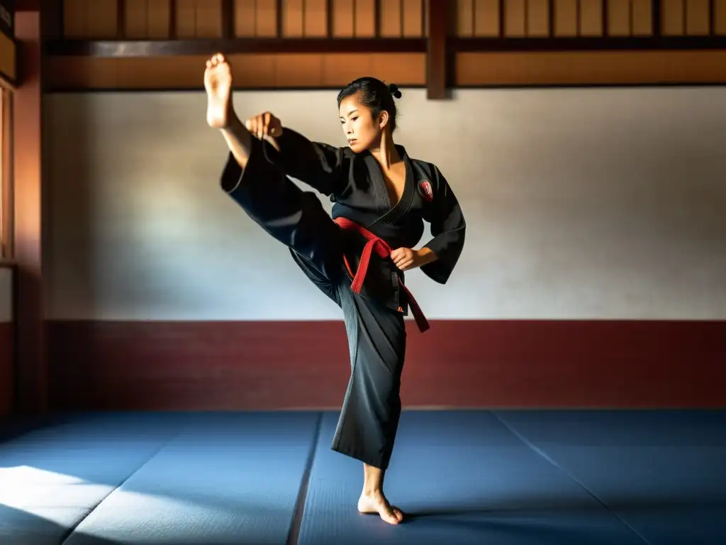 Maestro de artes marciales en dojo tradicional, demostrando técnica de patada