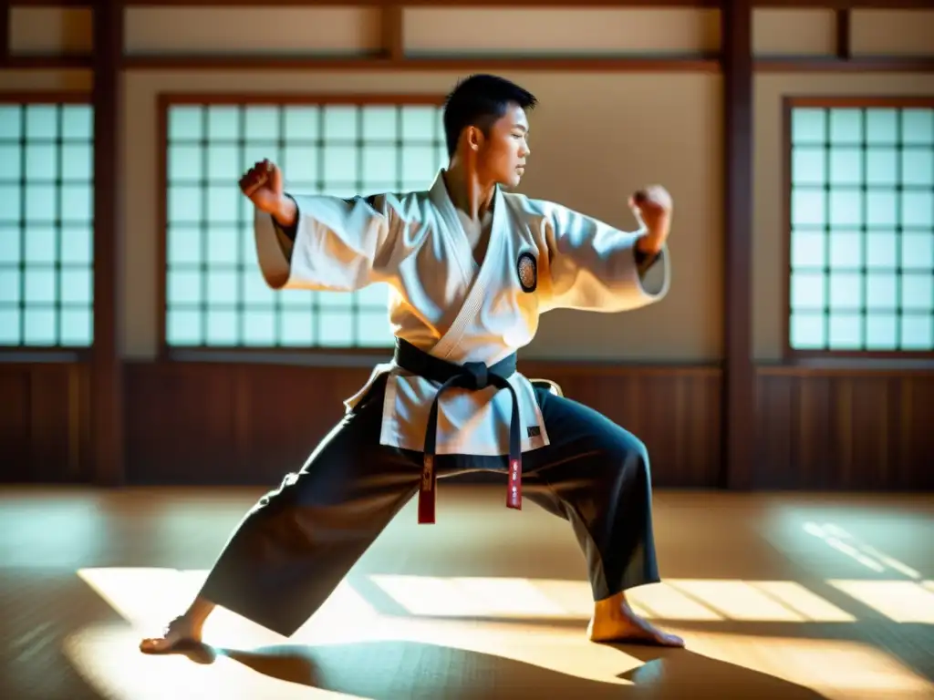 Un maestro de artes marciales en un dojo soleado, ejecutando una patada precisa y poderosa