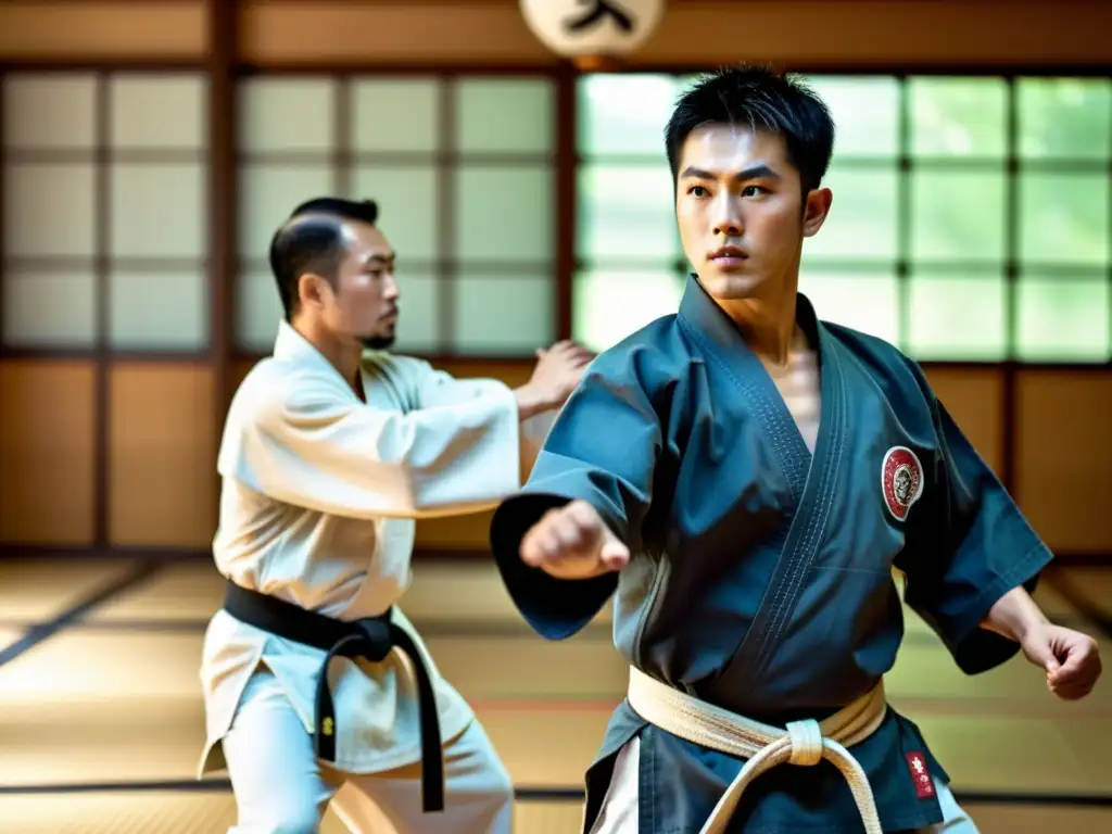 Instructor de artes marciales en dojo tradicional Un maestro de artes marciales en un dojo tradicional, enseñando movimientos precisos y poderosos a un grupo de estudiantes dedicados