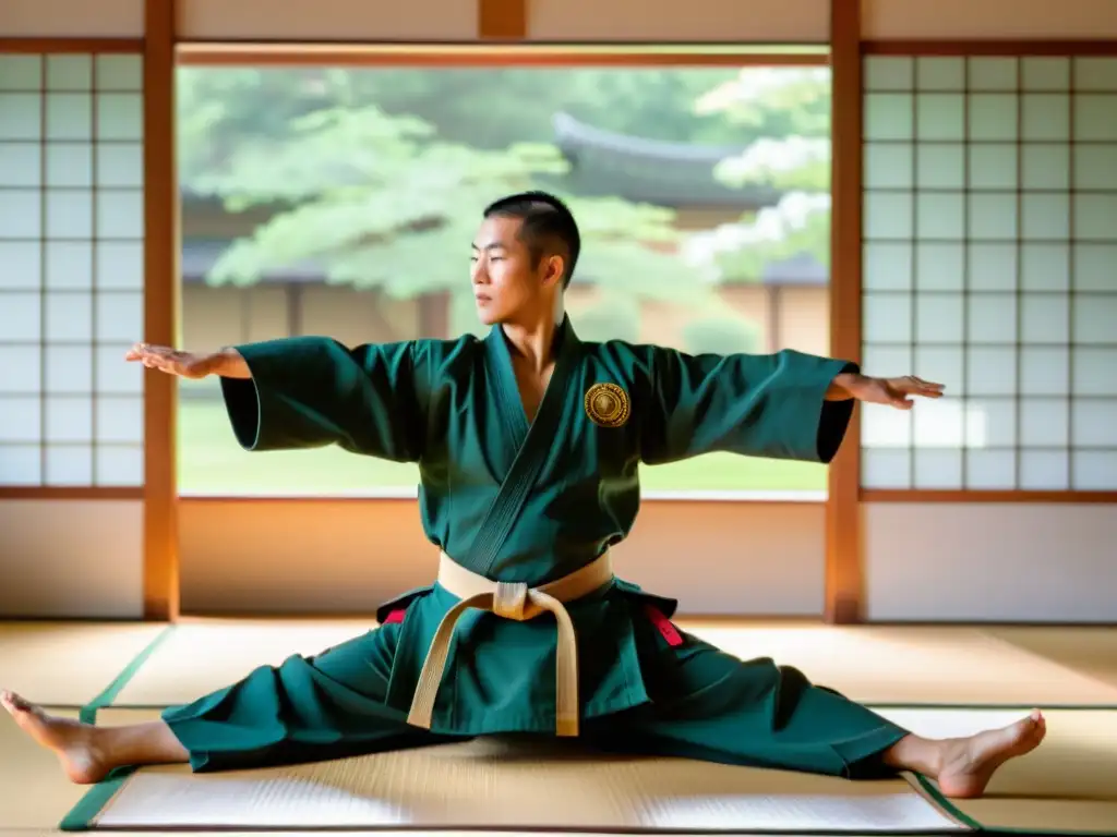 Maestro de artes marciales en dojo sereno, demostrando movimientos fluidos y precisos