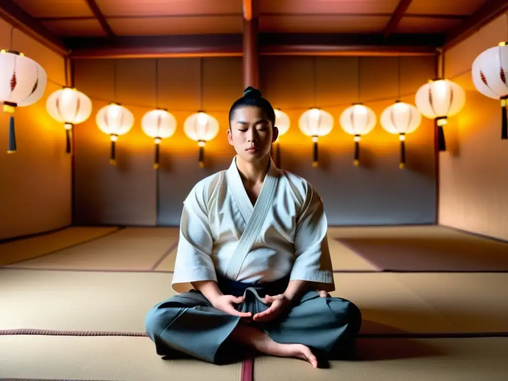 Un maestro de artes marciales medita en un dojo tradicional, rodeado de la suave luz de las linternas de papel