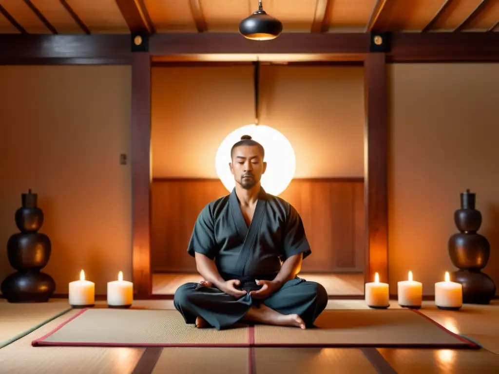 Maestro de artes marciales meditando en un dojo tradicional, reflejando los beneficios de meditación en artes marciales