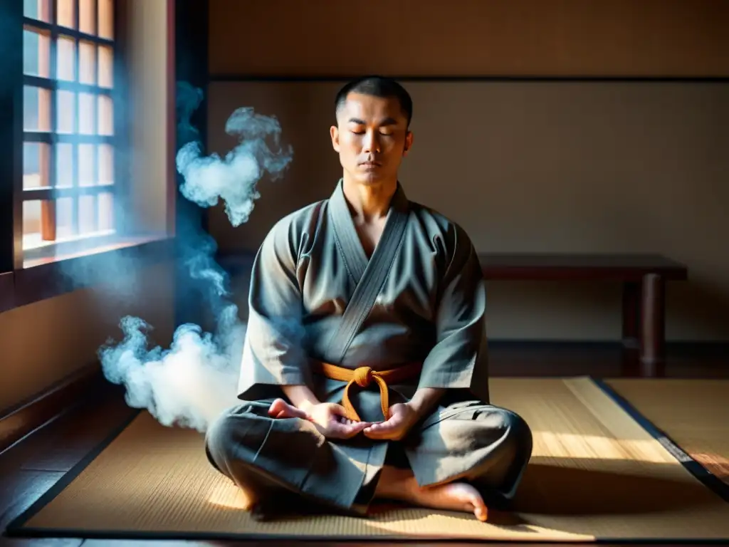 Un maestro de artes marciales en un dojo tradicional, en profunda concentración, rodeado de humo de incienso