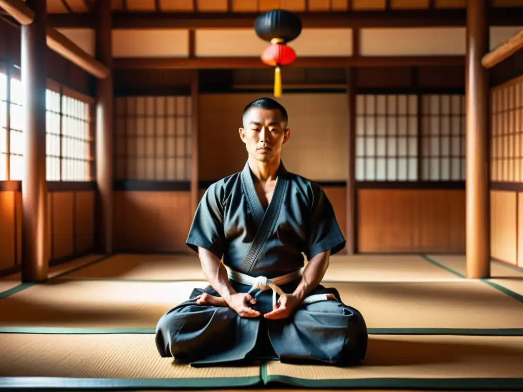 Maestro de artes marciales meditando en un dojo tradicional, mostrando la conexión entre meditación y autodefensa