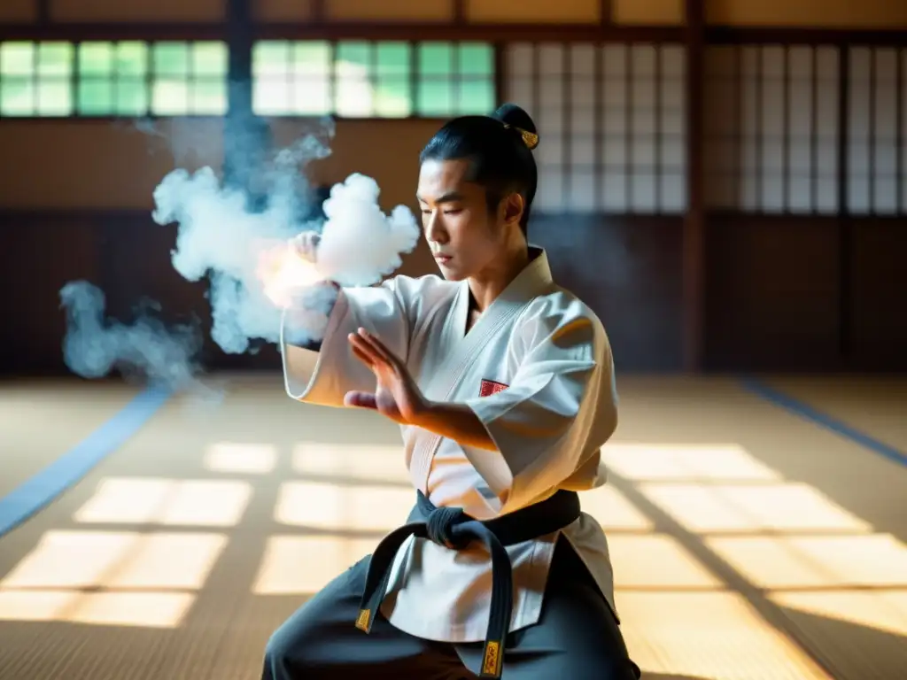 Un maestro de artes marciales se concentra en el dojo, irradiando paz interior y disciplina