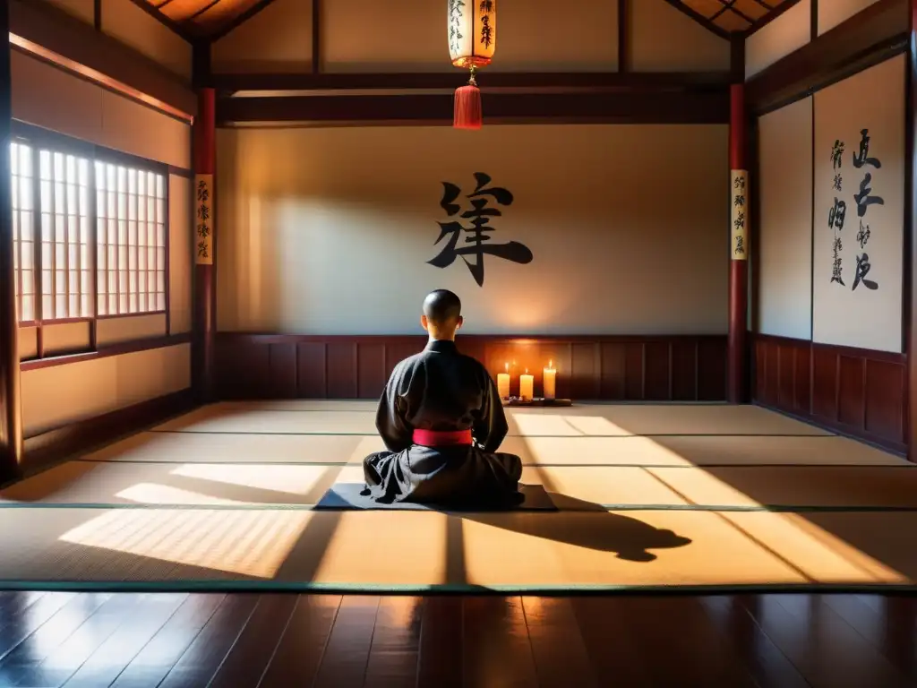 Un maestro de artes marciales medita en un dojo sereno, con luz solar y sombras largas, rodeado de velas y armas tradicionales