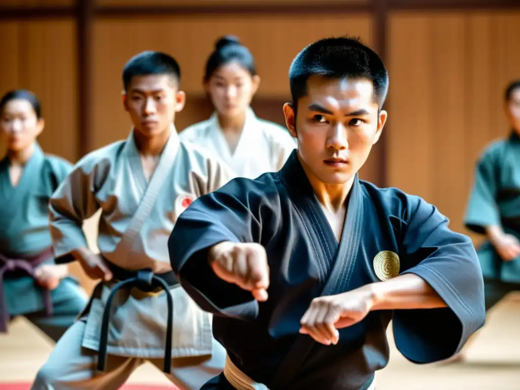 Un maestro de artes marciales en un dojo, exhibiendo una técnica precisa y misteriosa, mientras los estudiantes observan