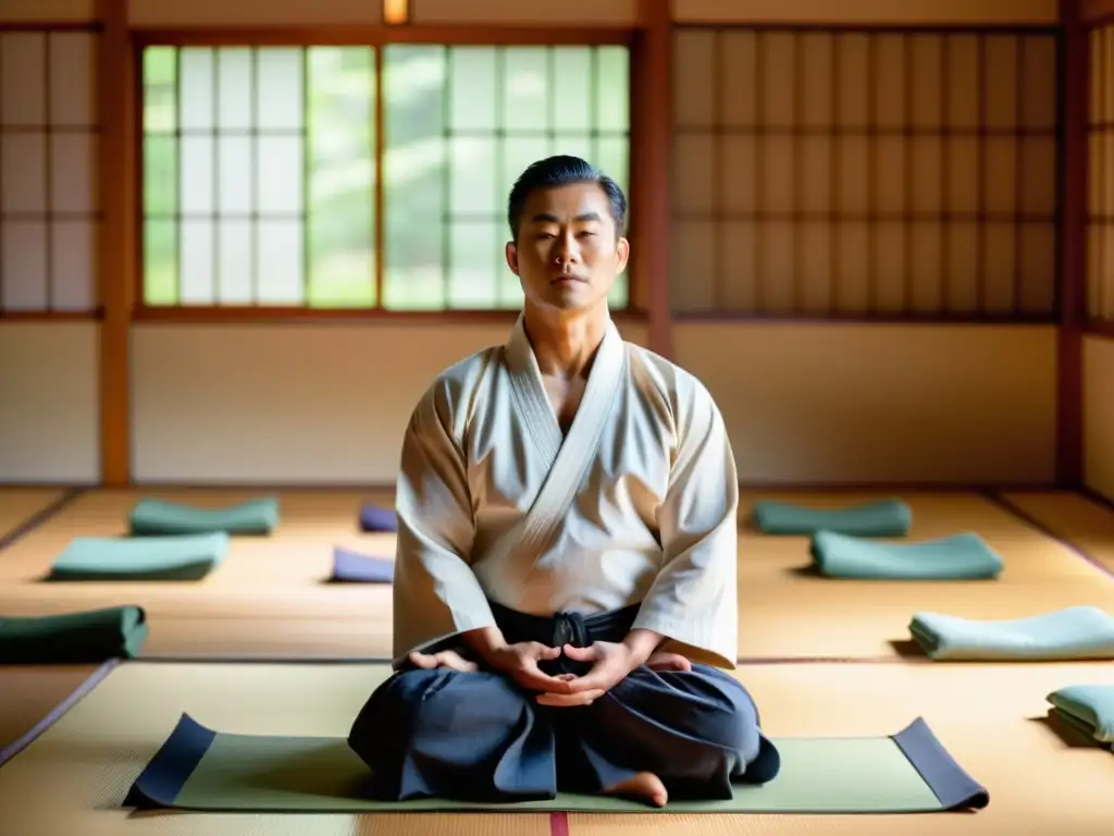 Maestro de artes marciales guía meditación en dojo sereno