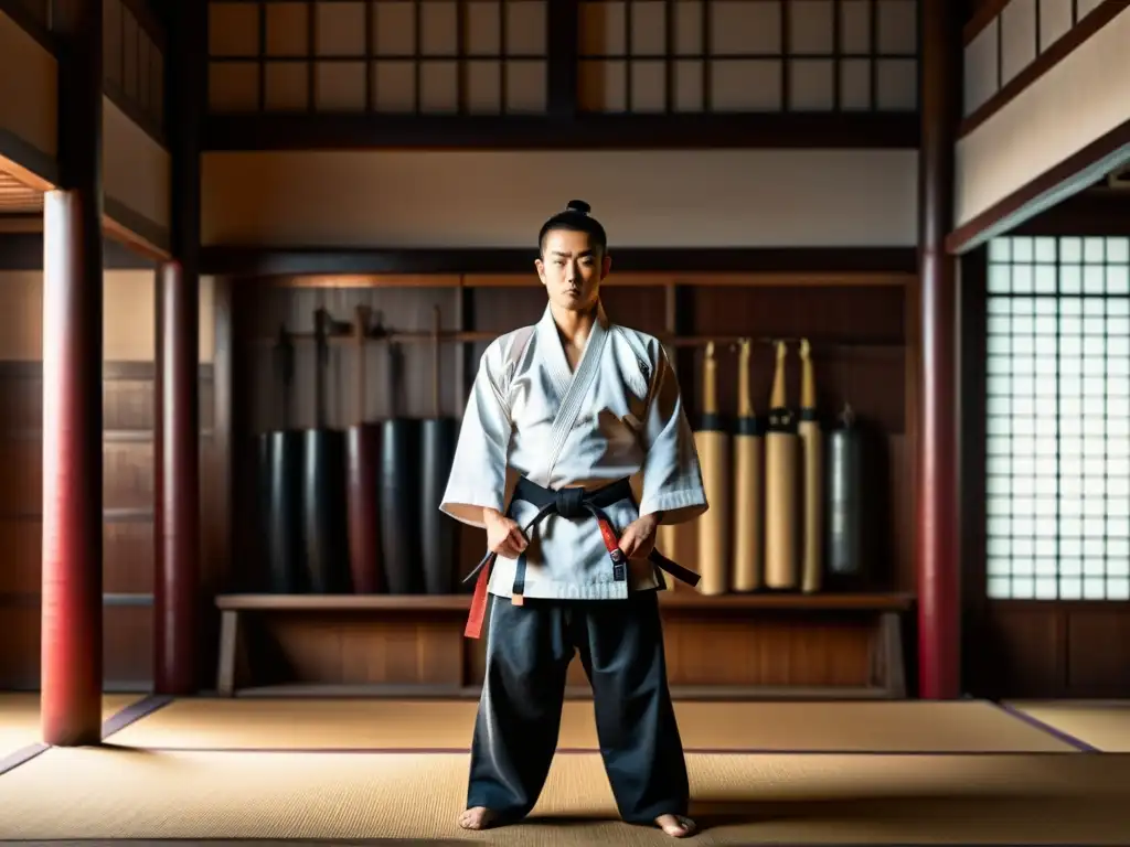 Un maestro de artes marciales en un dojo iluminado por el sol, rodeado de armas antiguas y equipo de entrenamiento tradicional