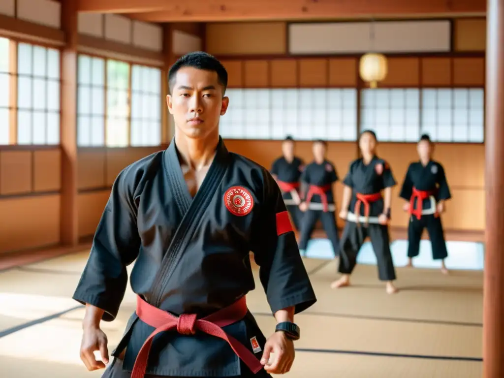 Un maestro de artes marciales en su dojo tradicional, rodeado de estudiantes practicando técnicas