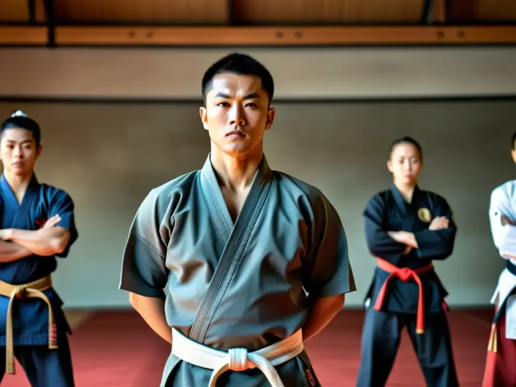 Un maestro de artes marciales en un dojo con estudiantes de todas las edades practicando con disciplina y determinación