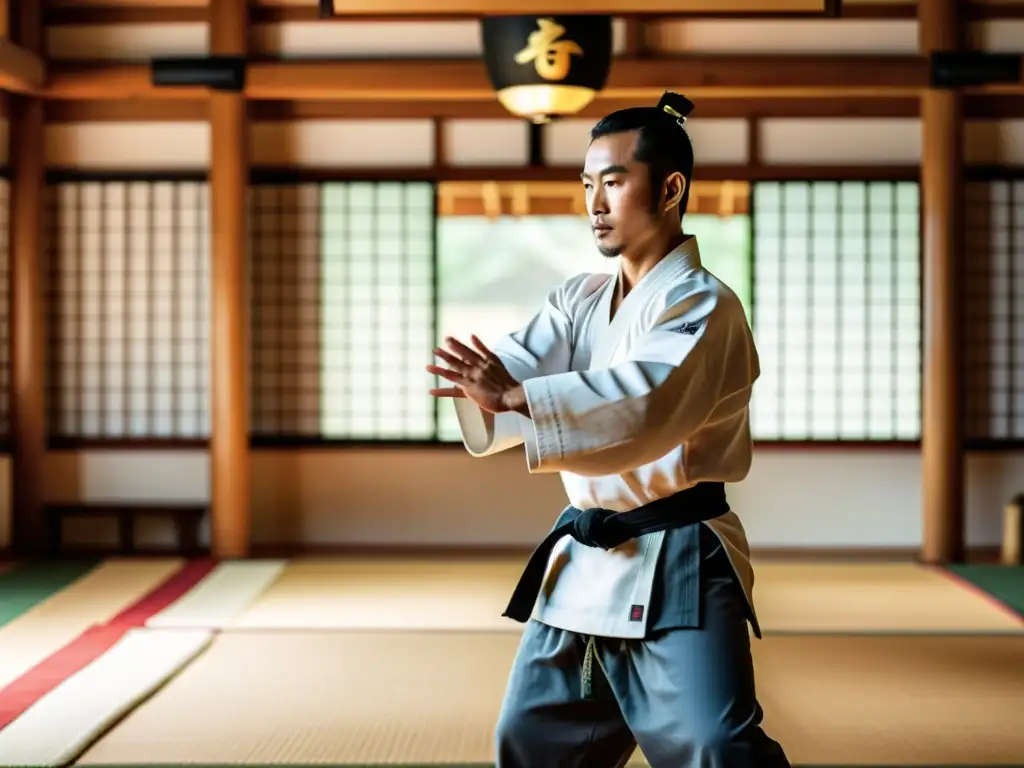 Un maestro de artes marciales en un dojo, demostrando movimientos precisos y poderosos