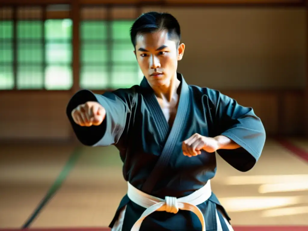 Un maestro de artes marciales en un dojo, demostrando una técnica precisa y poderosa